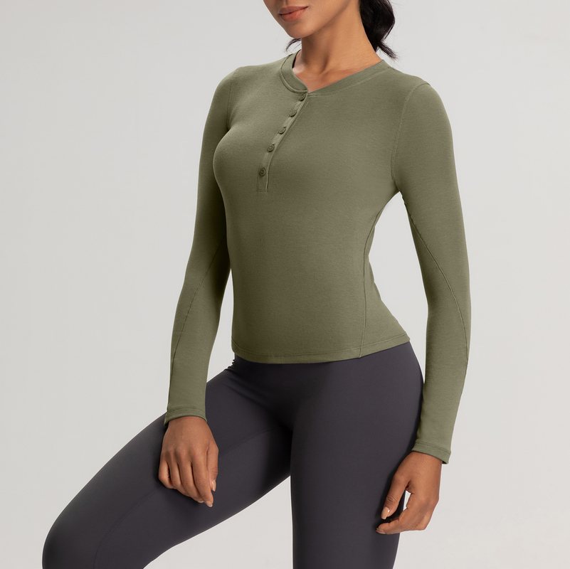 YT-002 Custom Long Sleeve Henley Top Yoga Activewear Ribbed