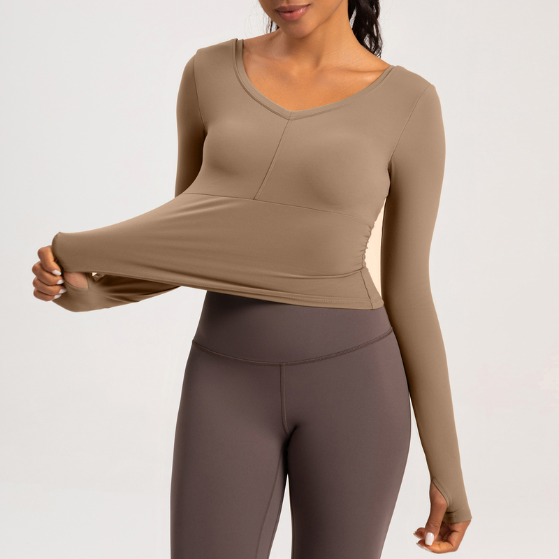 YT-024 Private Label V-Neck Ruched Long Sleeve Top