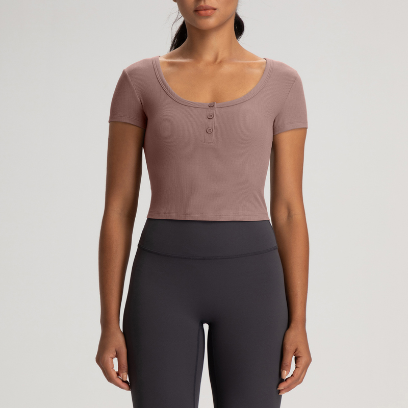 YT-026 OEM Ribbed Cropped Henley Yoga Top
