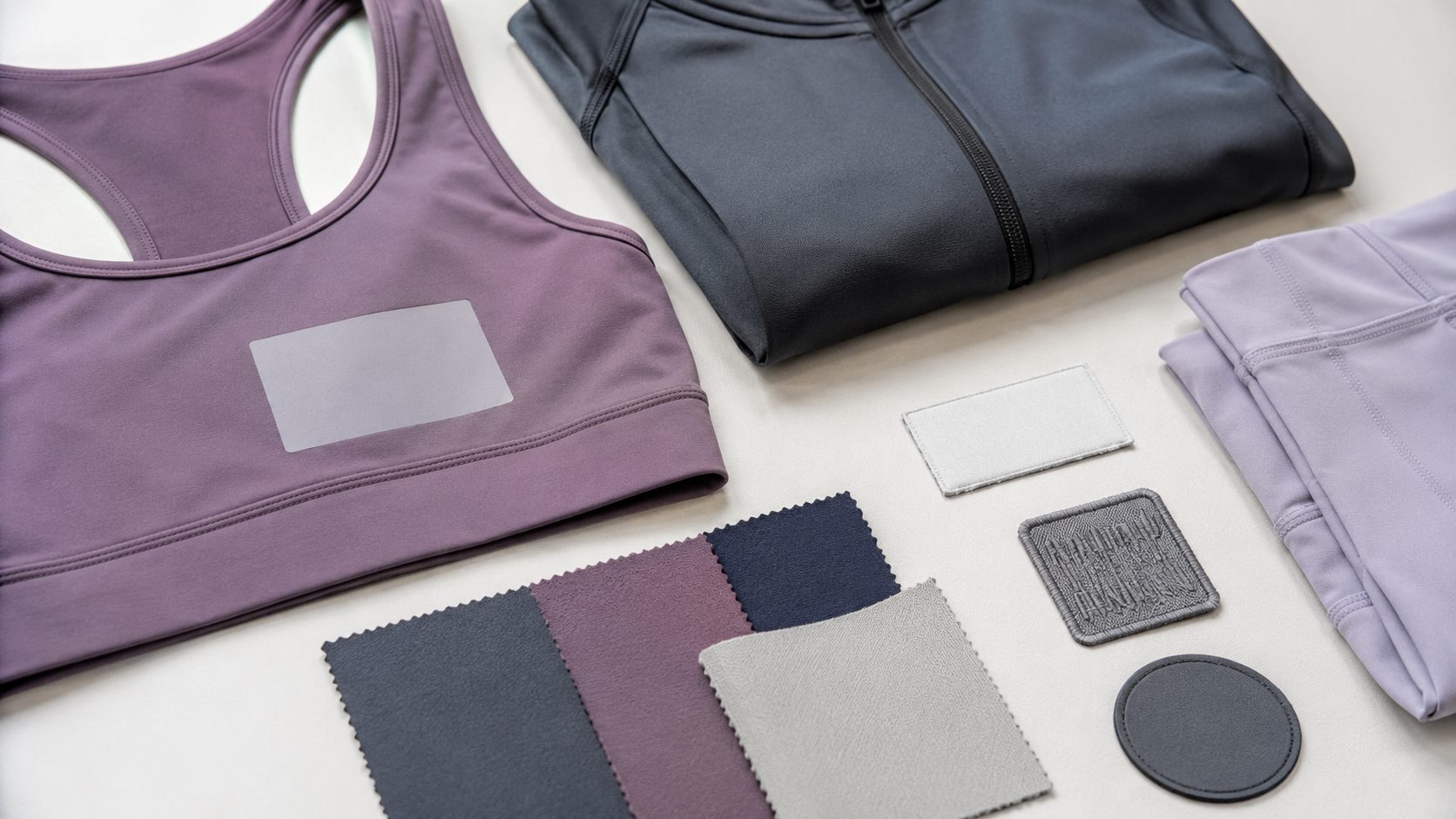 Custom logo activewear branding options with blank patches labels and fabric swatches