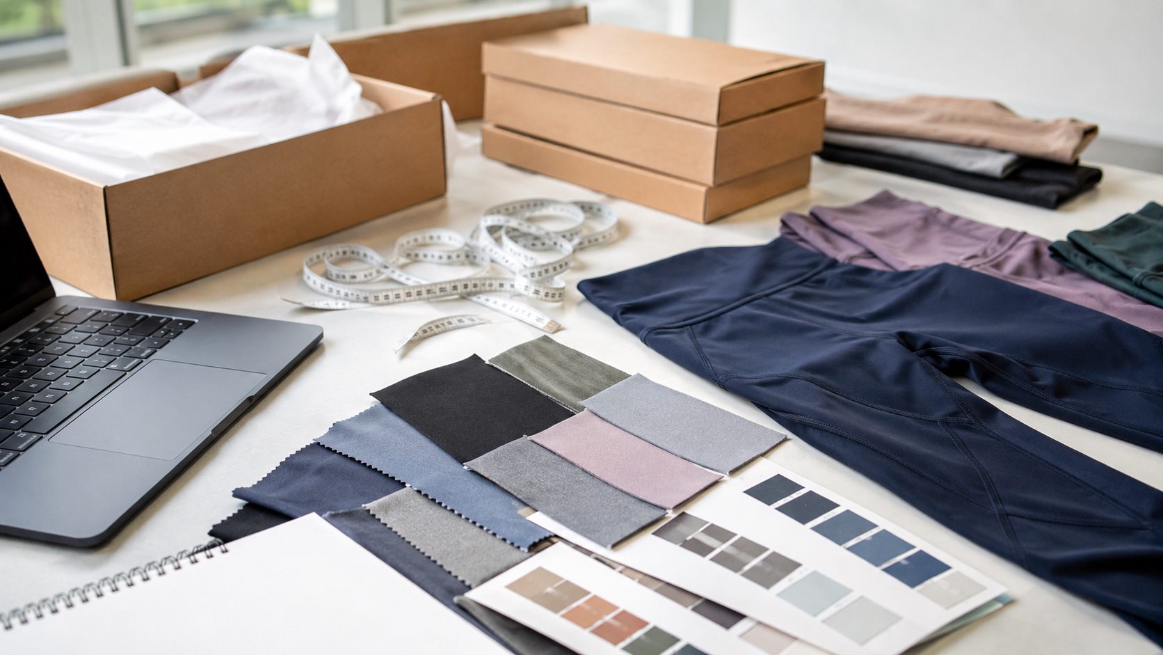 Low MOQ sourcing brief with fabric swatches packaging boxes and activewear samples