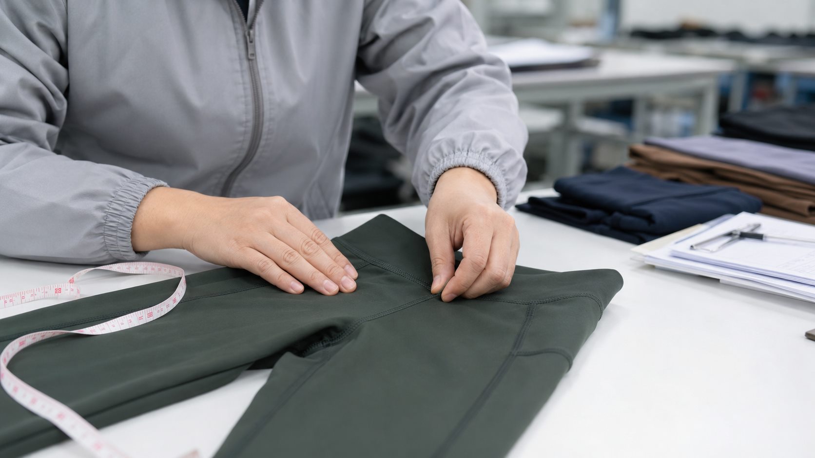 Manufacturing final inspection check for activewear stitching and garment consistency