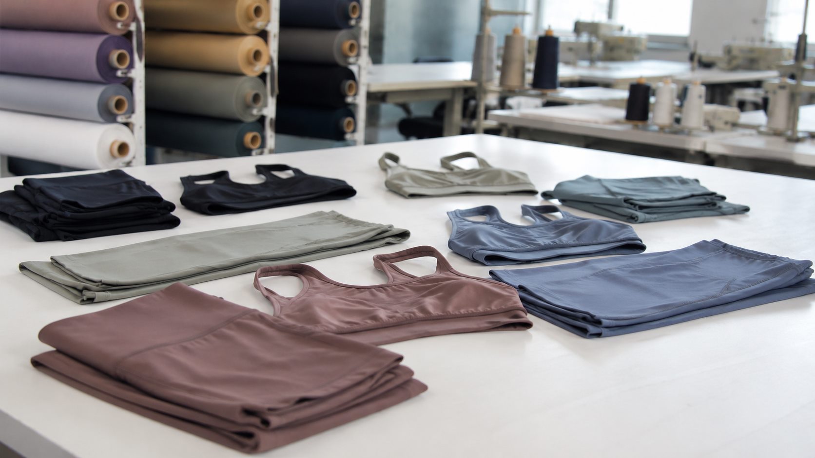 MOQ color and size planning layout with small batch activewear pieces and fabric rolls