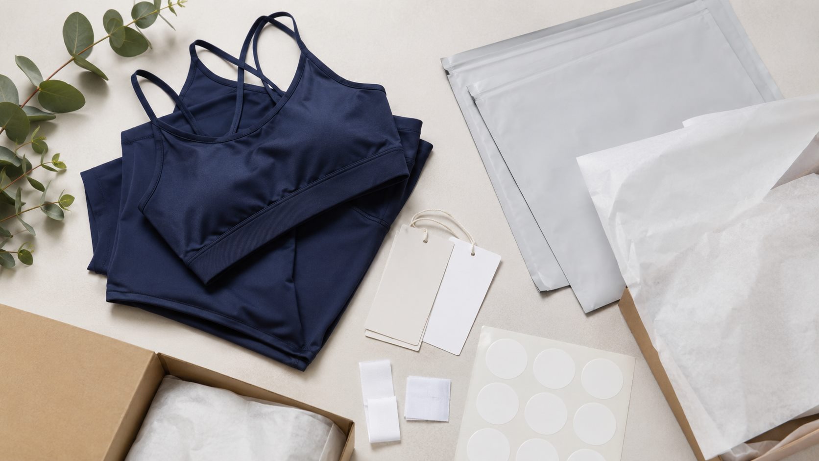 Private label boxed leggings workspace with activewear packaging and brand planning materials