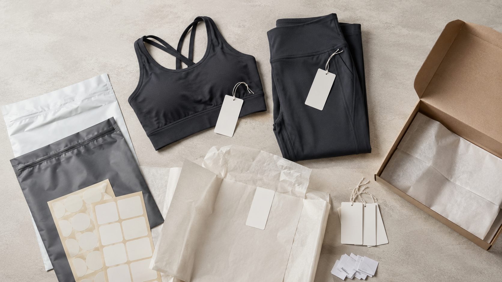 Private label activewear packaging kit with garment bags hang tags labels and folded yoga wear