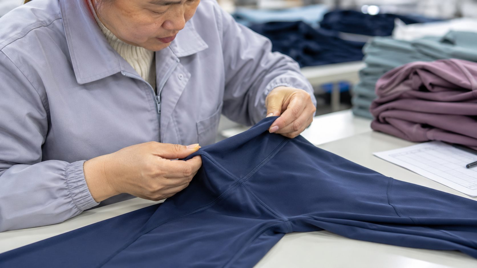 Activewear quality control seam inspection detail on blue leggings