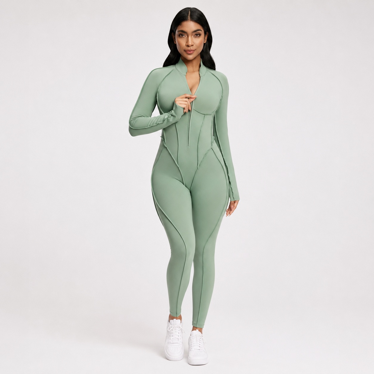 OP-015 Long Sleeve Zip Front Yoga Unitard