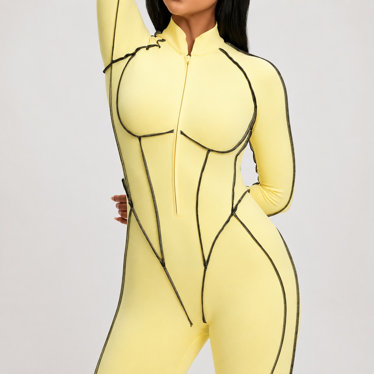 OP-017 Contrast Seam Long Sleeve Yoga Jumpsuit
