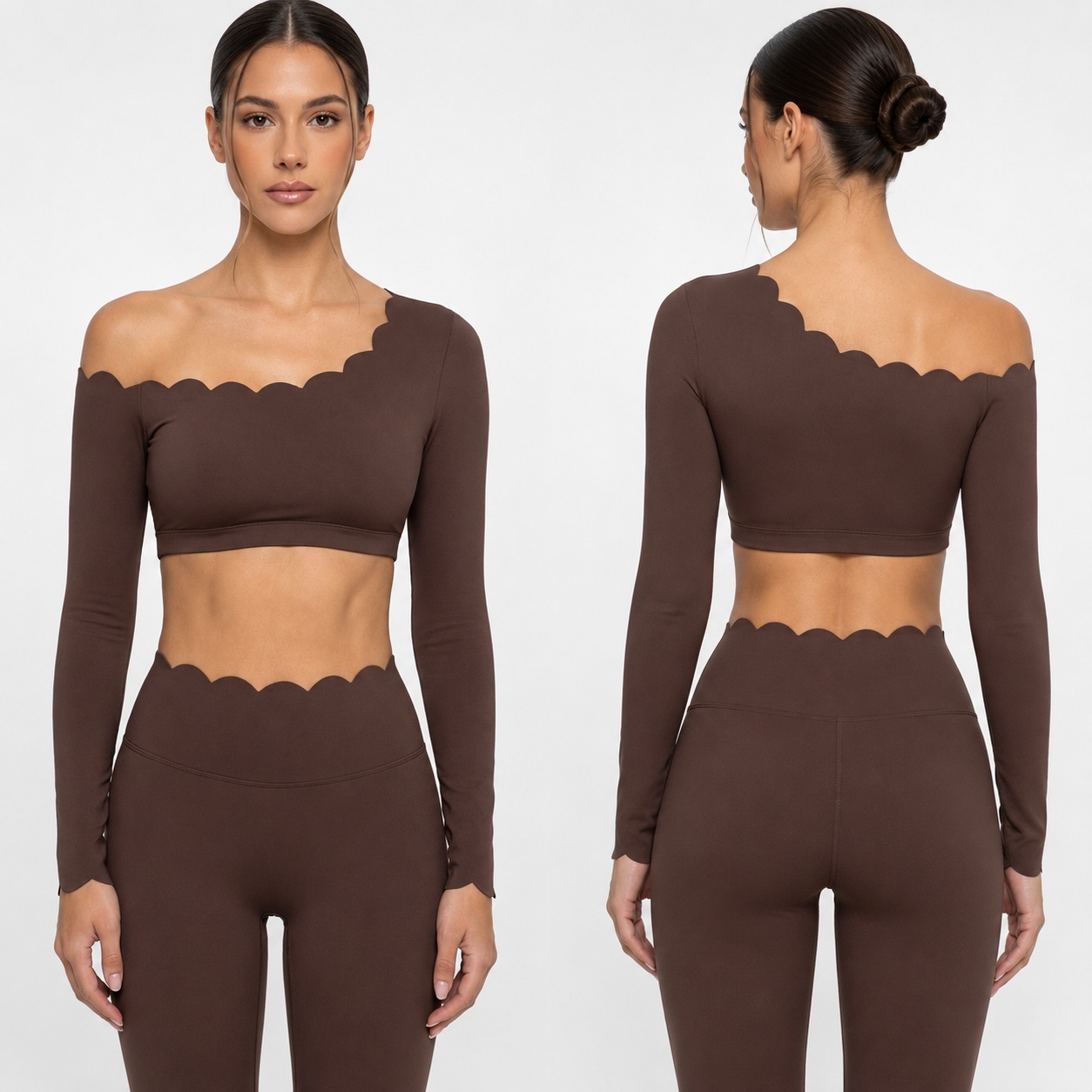 Custom scallop one shoulder yoga set for private label activewear sourcing
