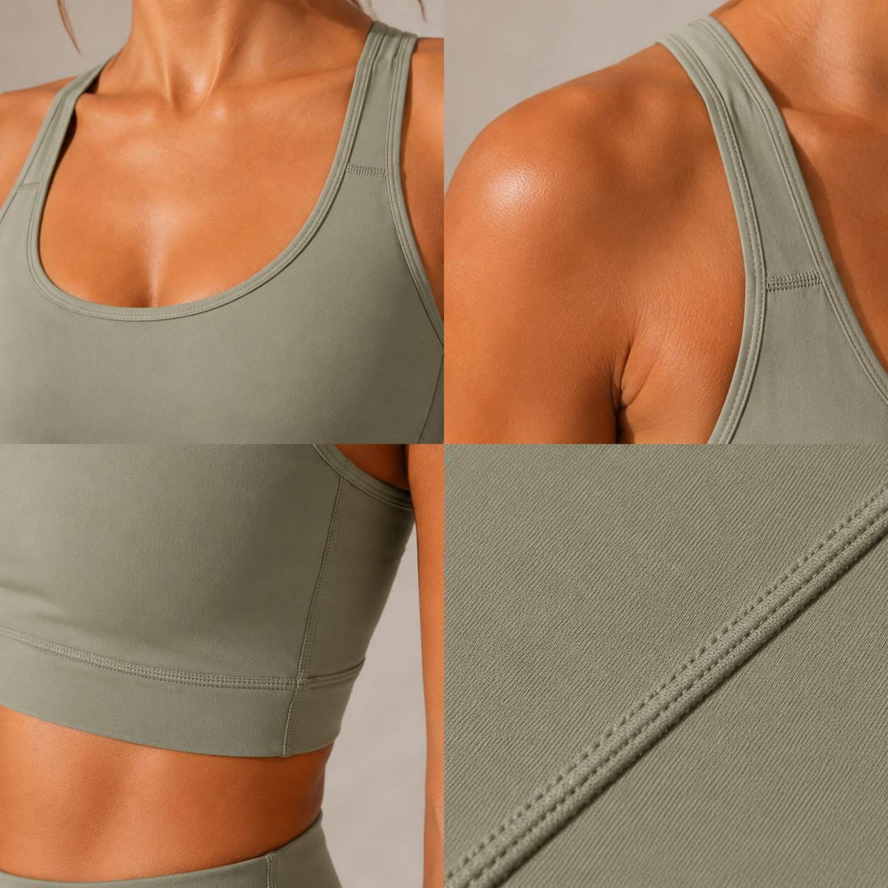Private label sports bra detail with seams logo placement and fabric texture