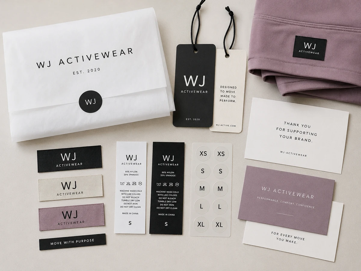 Activewear packaging accessories including woven labels, hang tags, care labels and size stickers