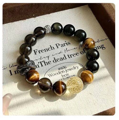 Wukong Yellow Tiger Eye Smoky Quartz Gold Obsidian Panlong Bracelet