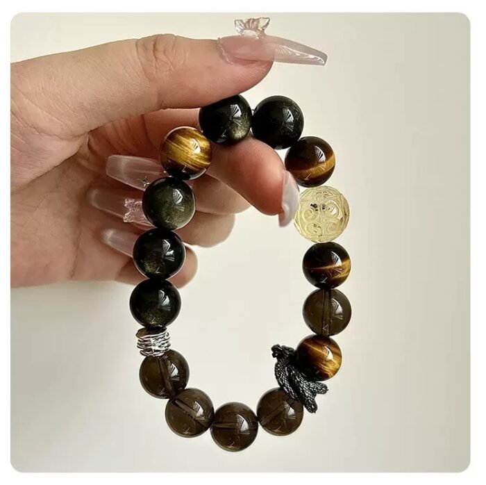 Wukong Yellow Tiger Eye Smoky Quartz Gold Obsidian Panlong Bracelet - Image 3