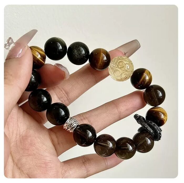 Wukong Yellow Tiger Eye Smoky Quartz Gold Obsidian Panlong Bracelet - Image 4