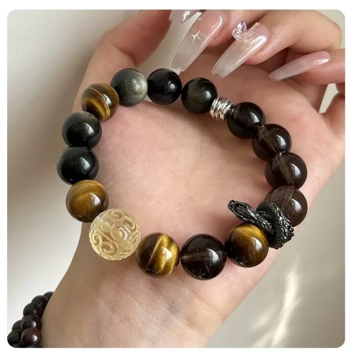 Wukong Yellow Tiger Eye Smoky Quartz Gold Obsidian Panlong Bracelet - Image 5