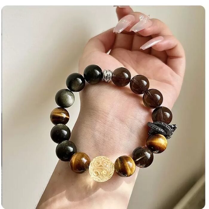 Wukong Yellow Tiger Eye Smoky Quartz Gold Obsidian Panlong Bracelet - Image 2